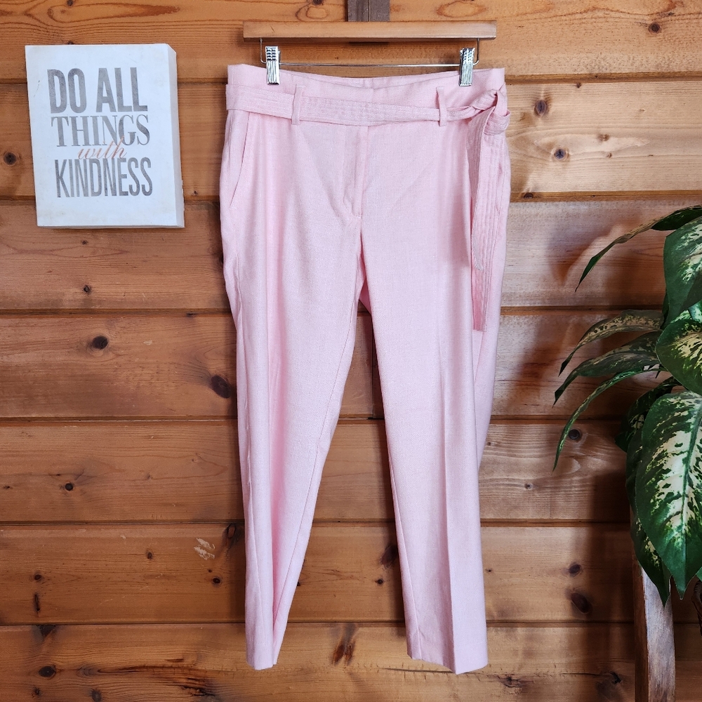 Loft Twill Tie Waist Straight Crop Trousers Pink Pants Linen Petite Size 6 X 25"
